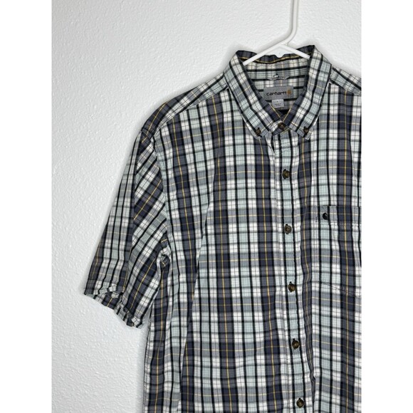 Carhartt Relaxed Fit Blue Grey Yellow Plaid Short Sleeve Button Shirt Men's L - Picture 2 of 16